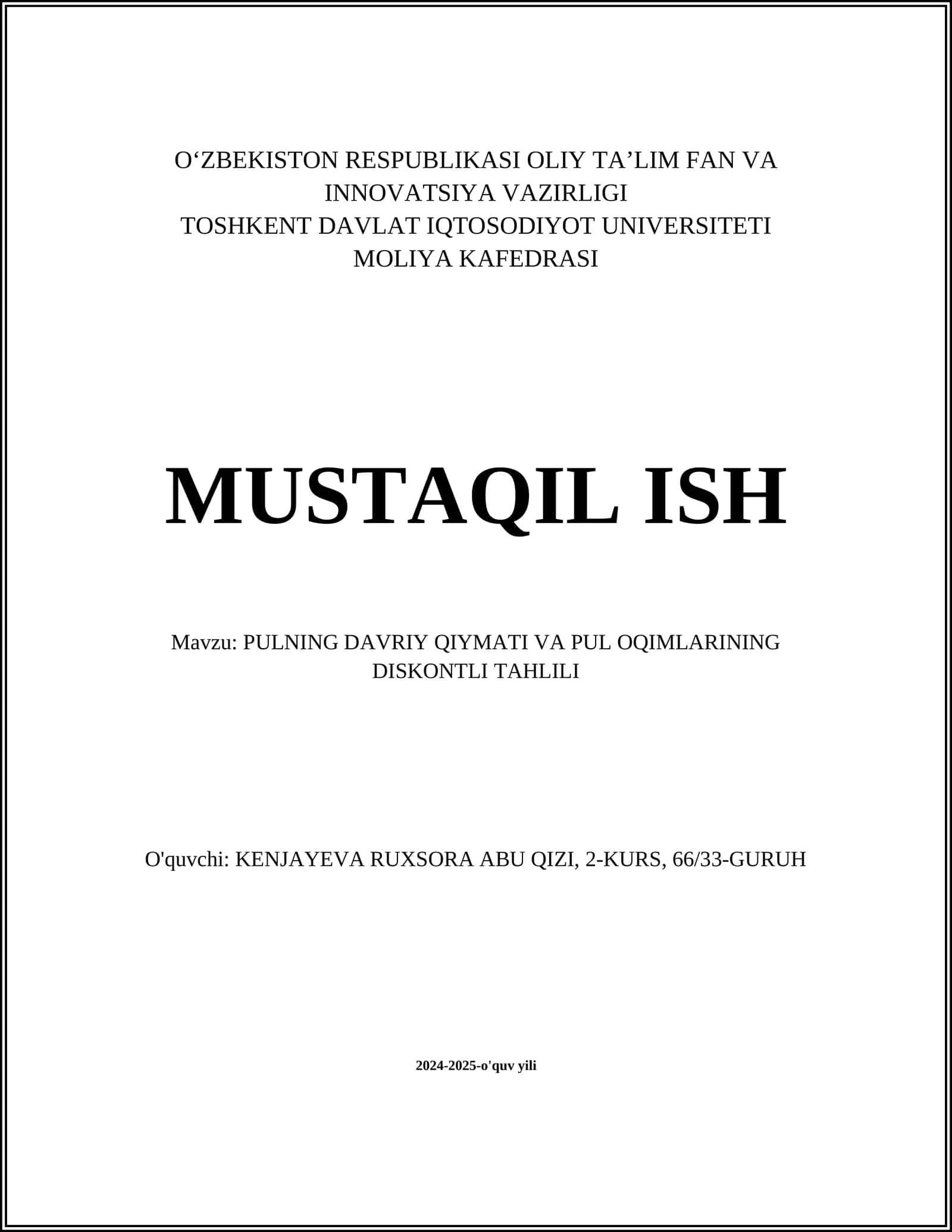 PULNING DAVRIY QIYMATI VA PUL OQIMLARINING DISKONTLI TAHLILI