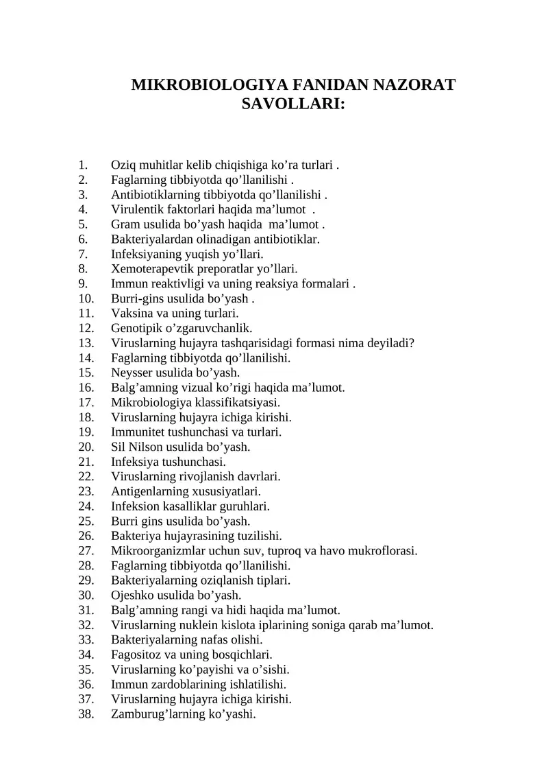 MIKROBIOLOGIYA FANIDAN NAZORAT SAVOLLARI