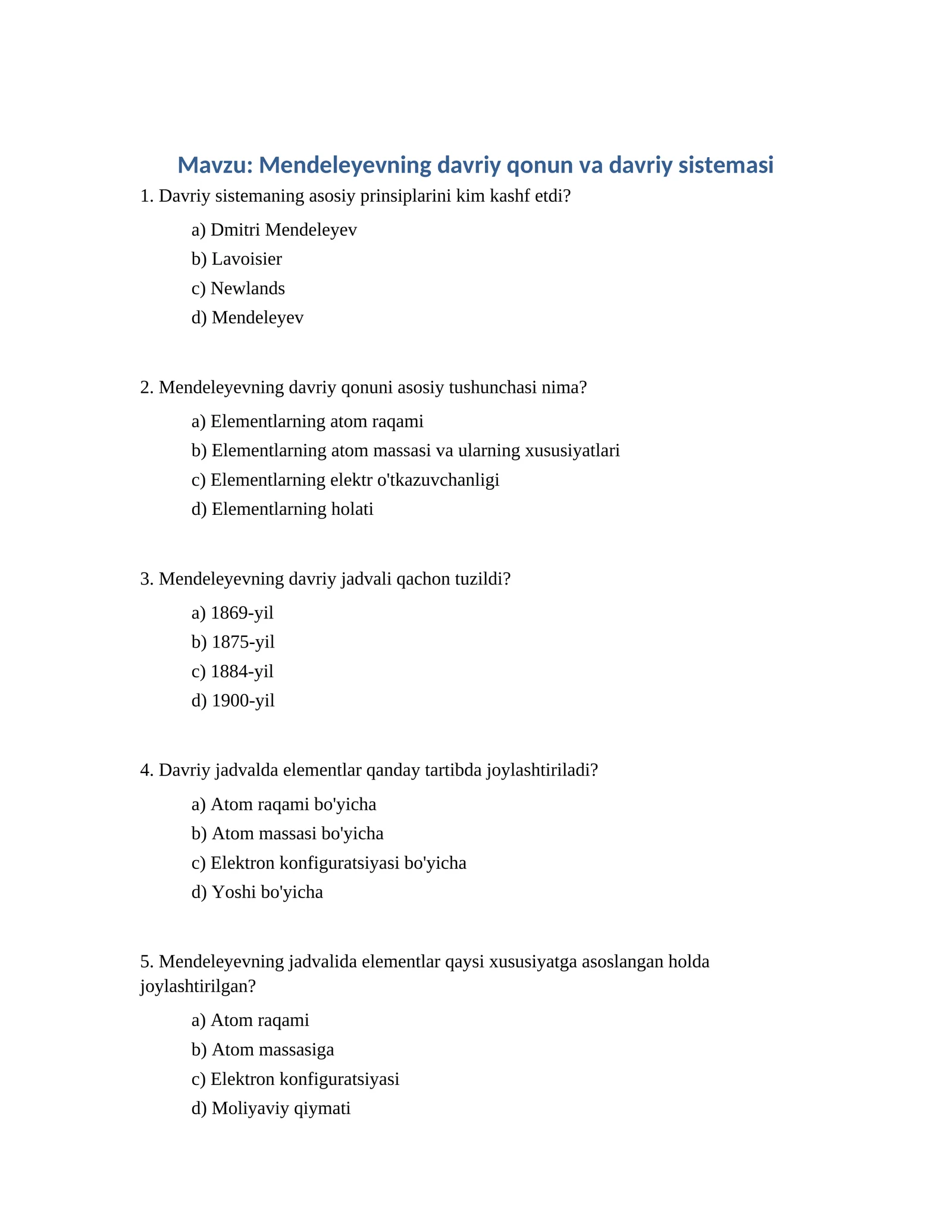 Mendeleyevning davriy qonun va davriy sistemasi