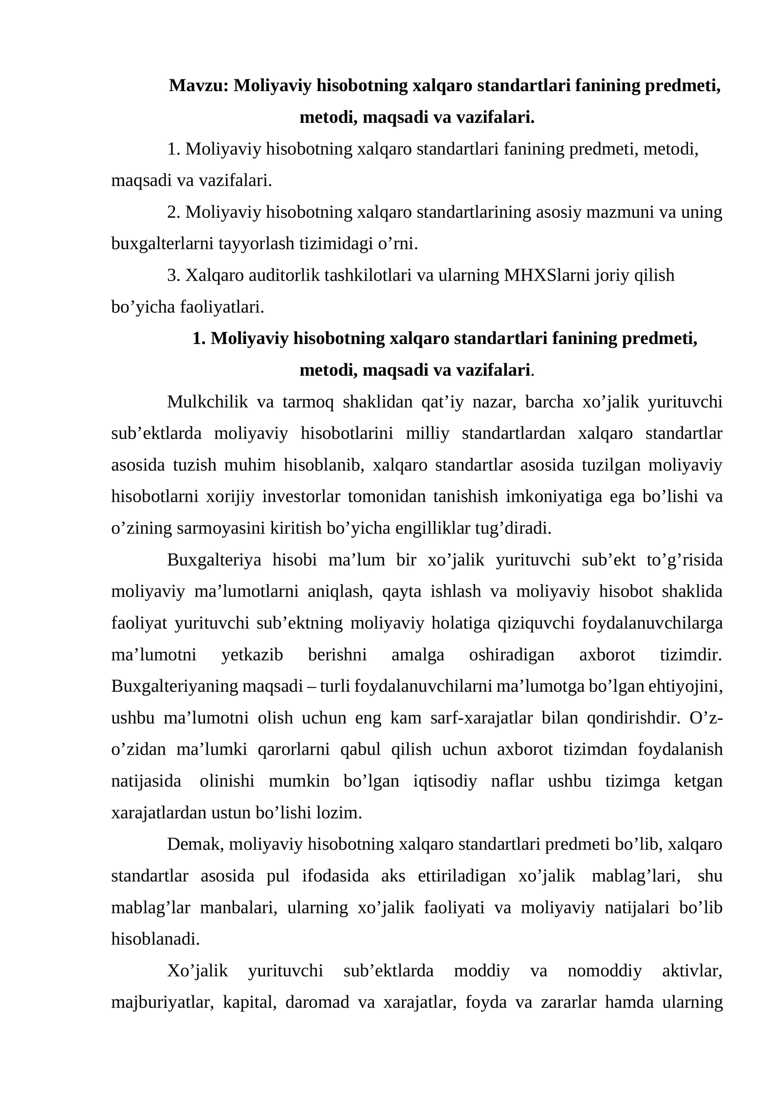 Moliyaviy hisobotning xalqaro standartlari fanining predmeti, metodi, maqsadi va vazifalari