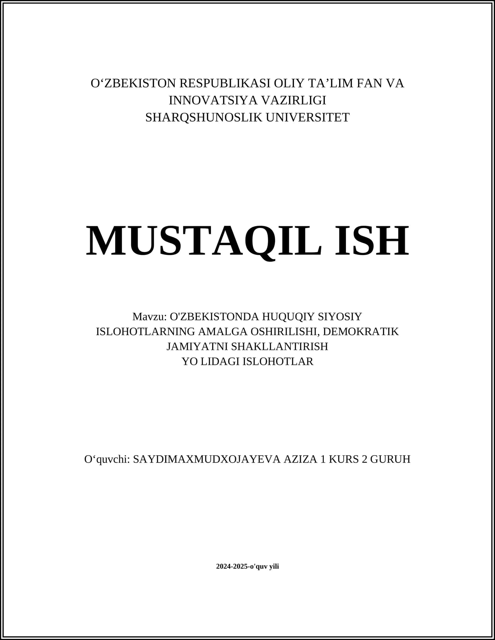 O'ZBEKISTONDA HUQUQIY SIYOSIY ISLOHOTLARNING AMALGA OSHIRILISHI