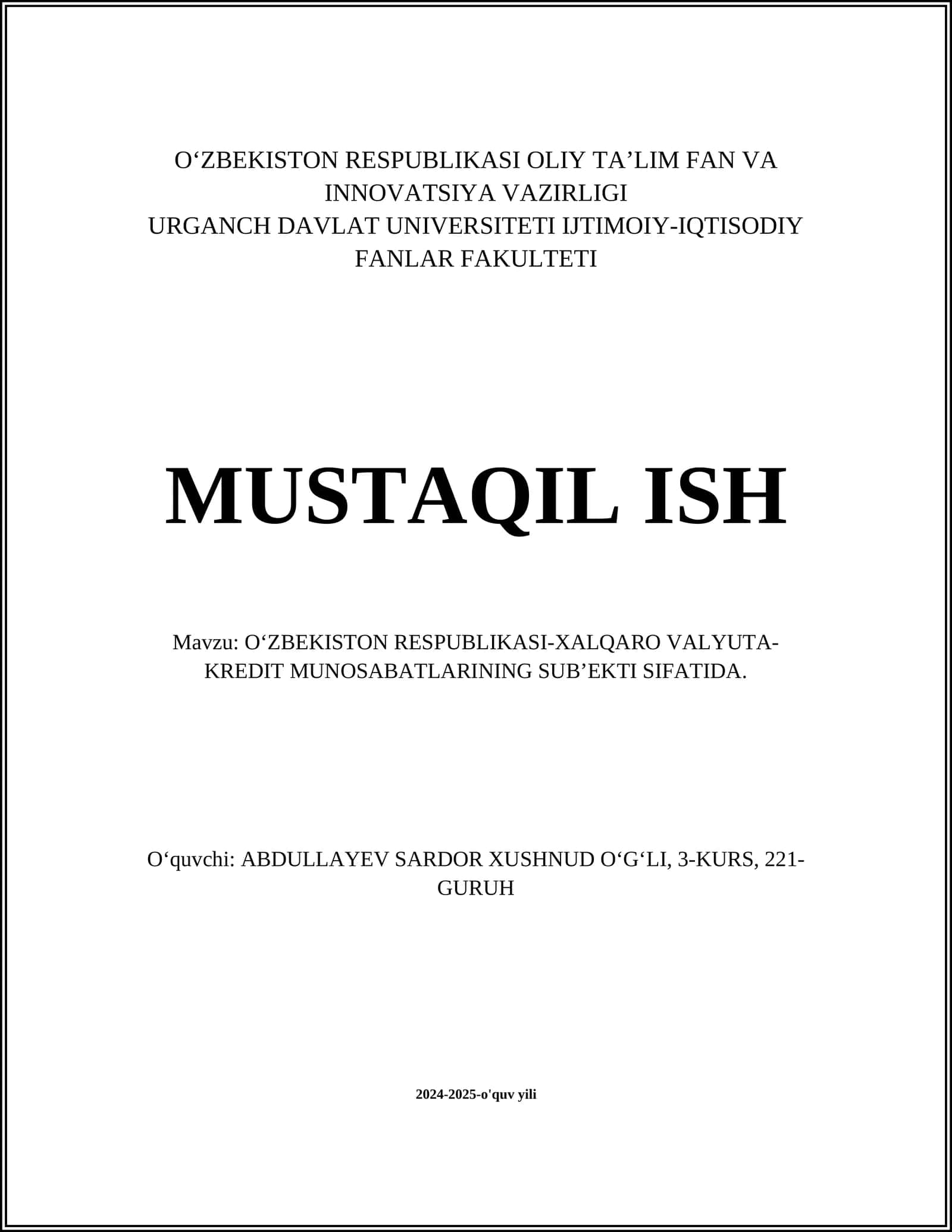 Oʻzbekiston RESPUBLIKASI-XALQARO VALYUTA-KREDIT MUNOSABATLARINING SUBʼEKTI SIFATIDA