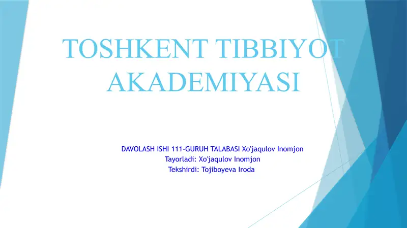 Toshkent Tibbiyot Akademiyasi Davolash Ishi 111-Guruh Talabasi Xo'jaqulov Inomjon