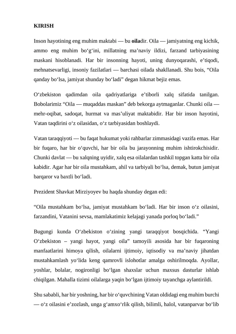 Oila qadriyati.Oila jamiyatning asosiy bo'g'ini