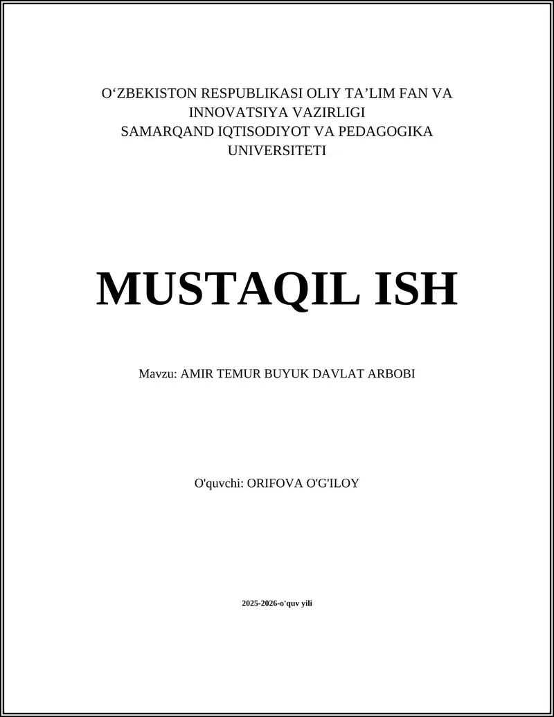 AMIR TEMUR BUYUK DAVLAT ARBOBI