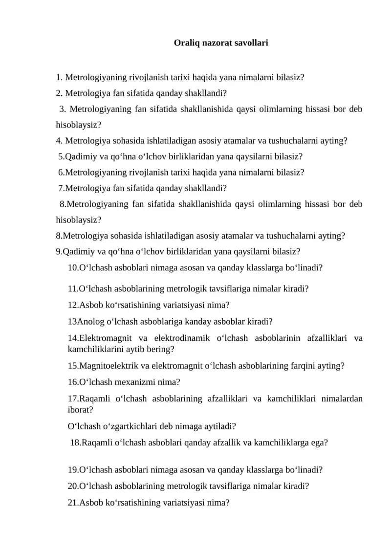 Oraliq nazorat savollari