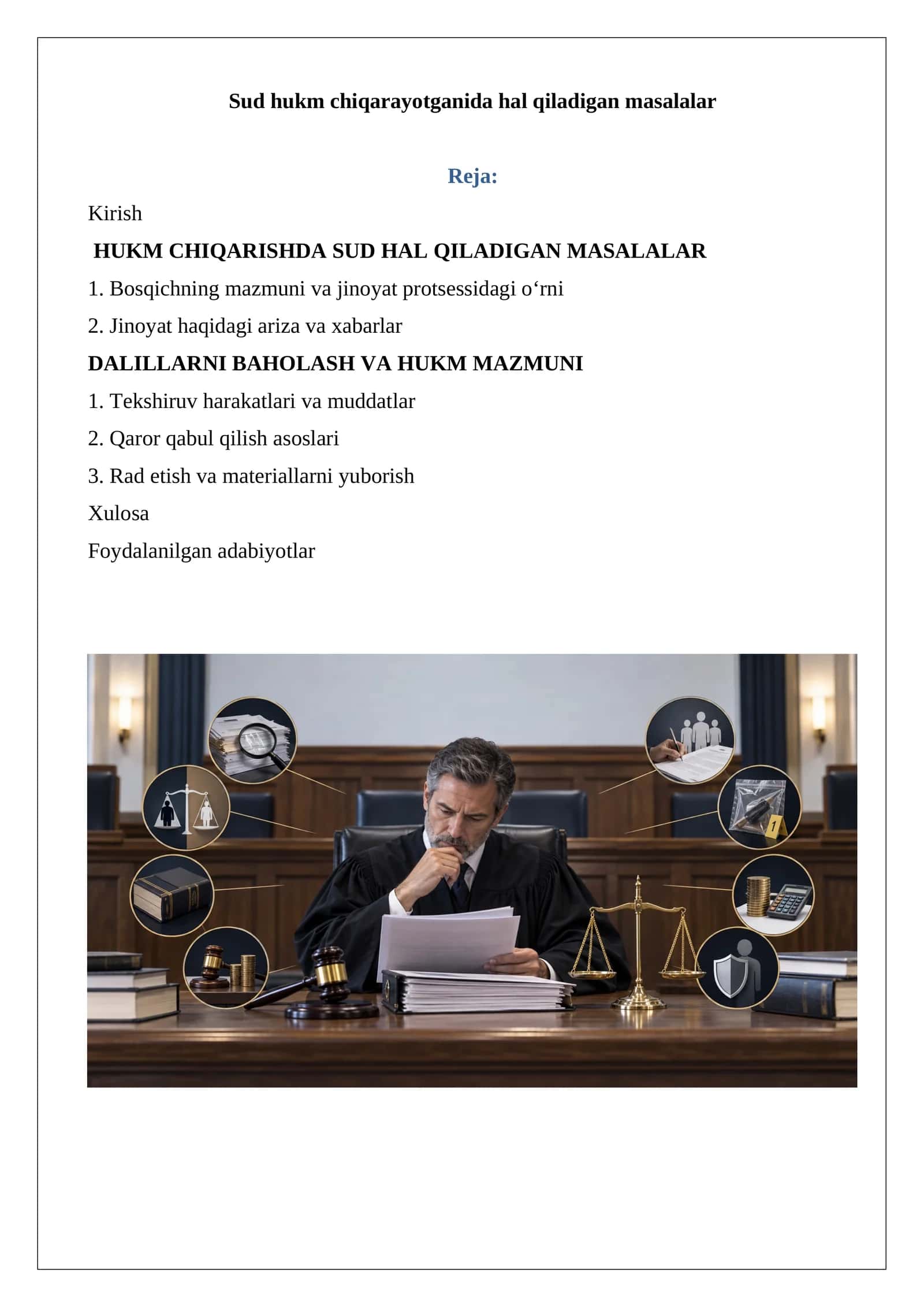 Sud hukm chiqarayotganida hal qiladigan masalalar