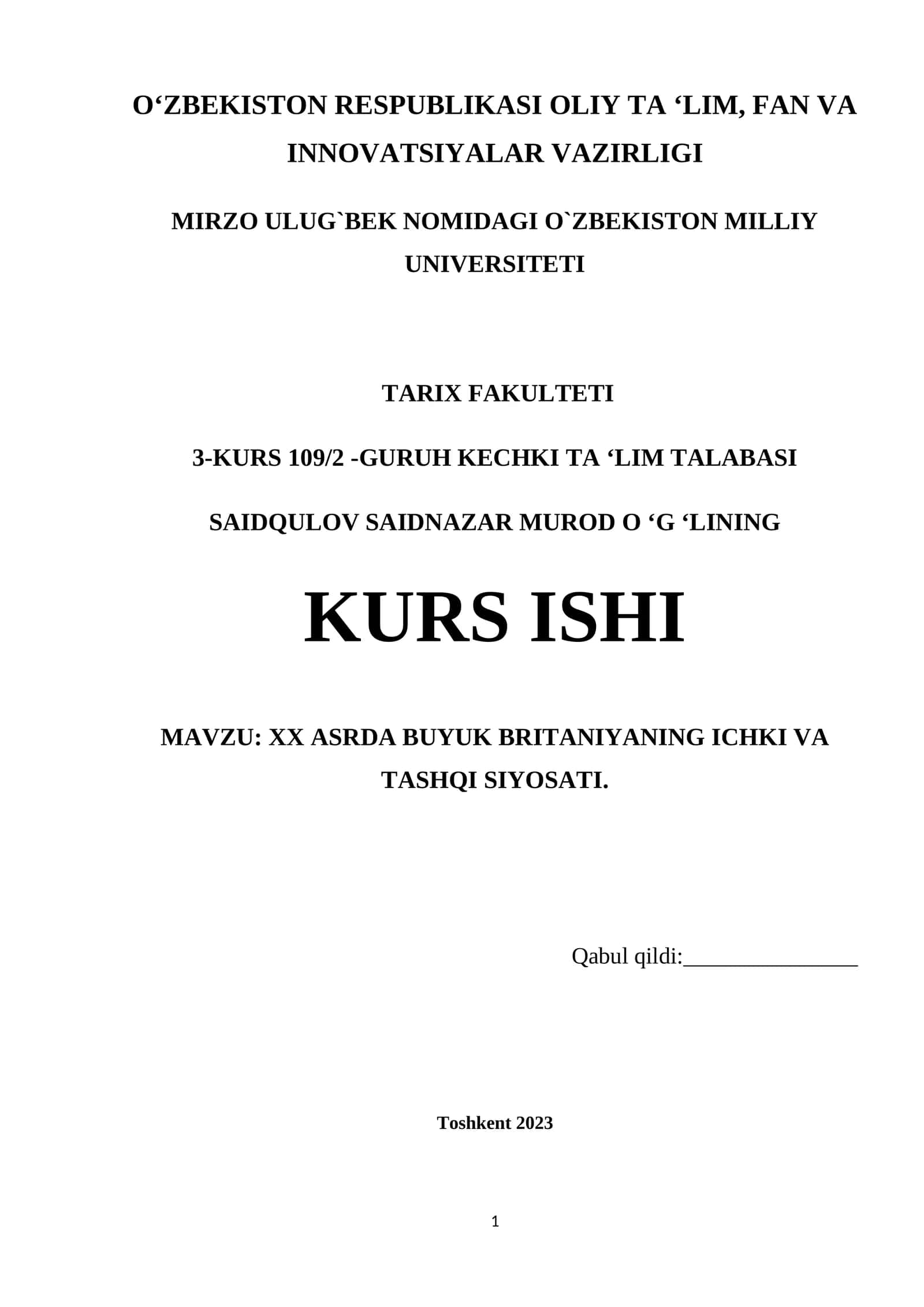 XX ASRDA BUYUK BRITANIYANING ICHKI VA TASHQI SIYOSATI