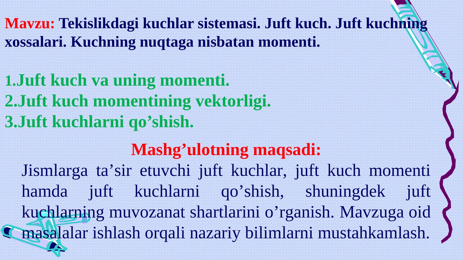 Tekislikdagi kuchlar sistemasi. Juft kuch. Juft kuchning xossalari. Kuchning nuqtaga nisbatan momenti
