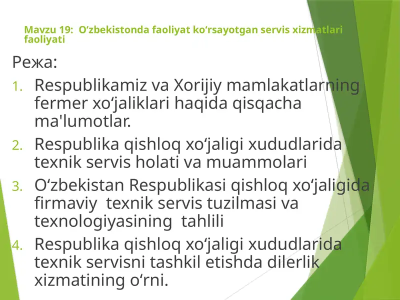 Oʻzbekistonda faoliyat koʻrsayotgan servis xizmatlari faoliyati