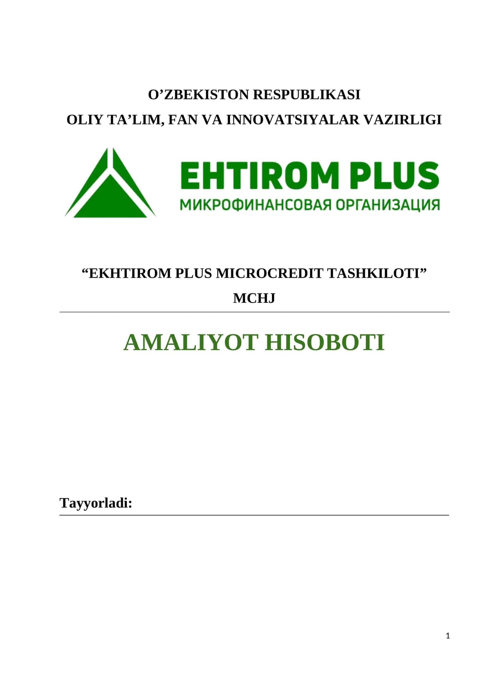 AMALIYOT HISOBOTI. "EKHTIROM PLUS MICROCREDIT TASHKILOTI"