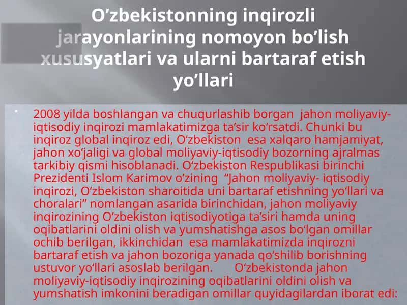 O'zbekiston G'aznasining Nomoyonlarini Bartaraf etish yo'llari