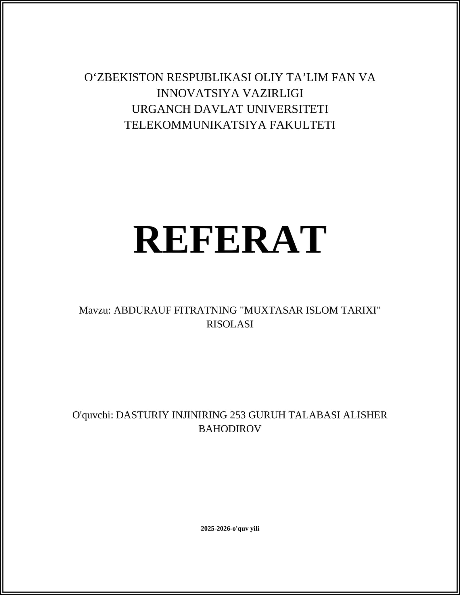 ABDURAUF FITRATNING "MUXTASAR ISLOM TARIXI" RISOLASI