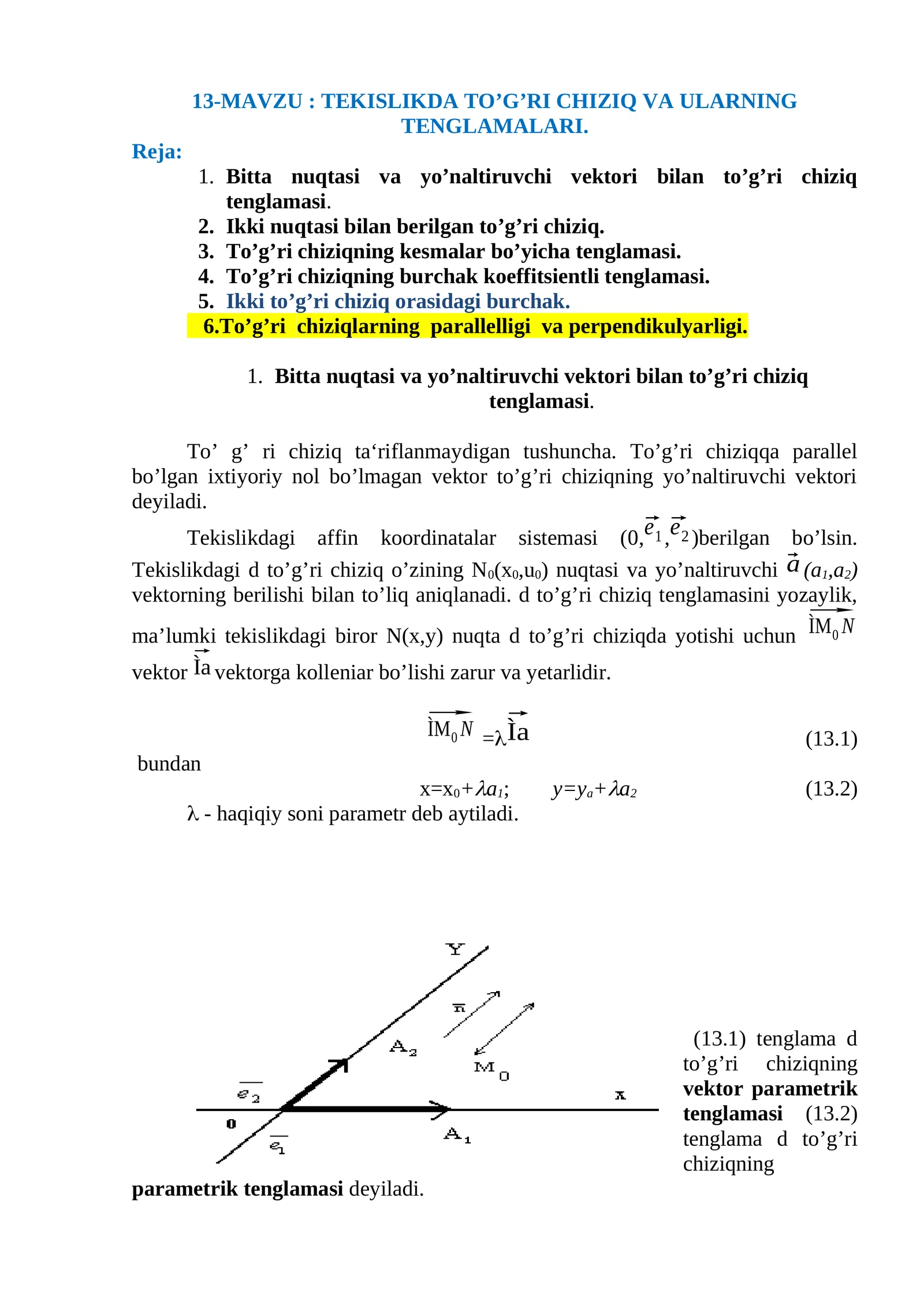 TEKISLIKDA TO’G’RI CHIZIQ VA ULARNING TENGLAMALARI