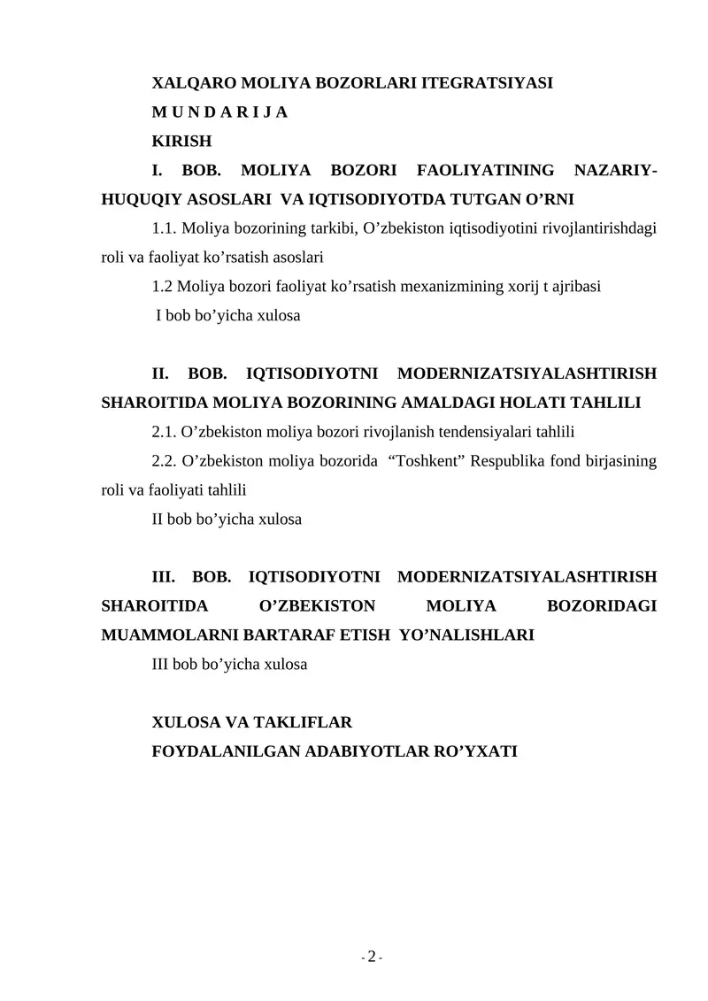 XALQARO MOLIYA BOZORLARI ITEGRATSIYASI