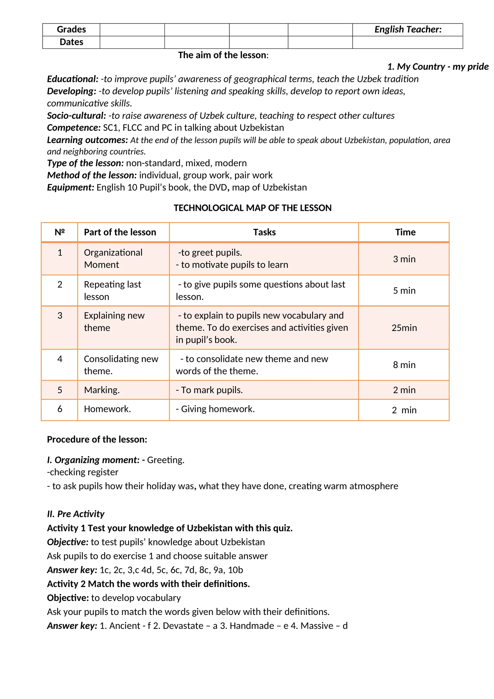 English Teacher Lesson Plan on Uzbekistan