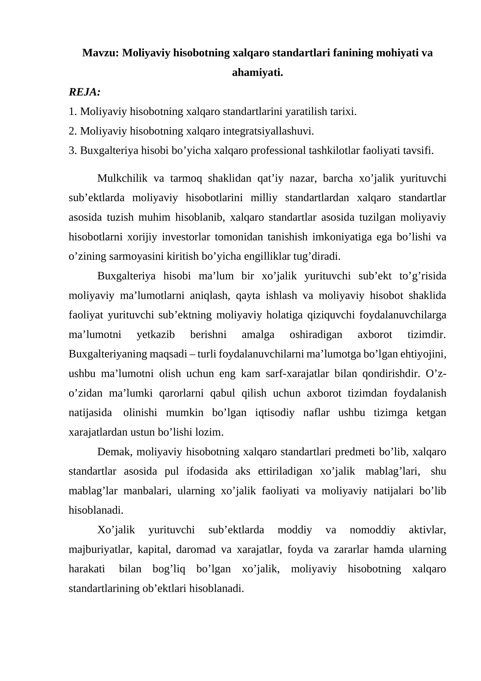 Moliyaviy hisobotning xalqaro standartlari fanining mohiyati va ahamiyati