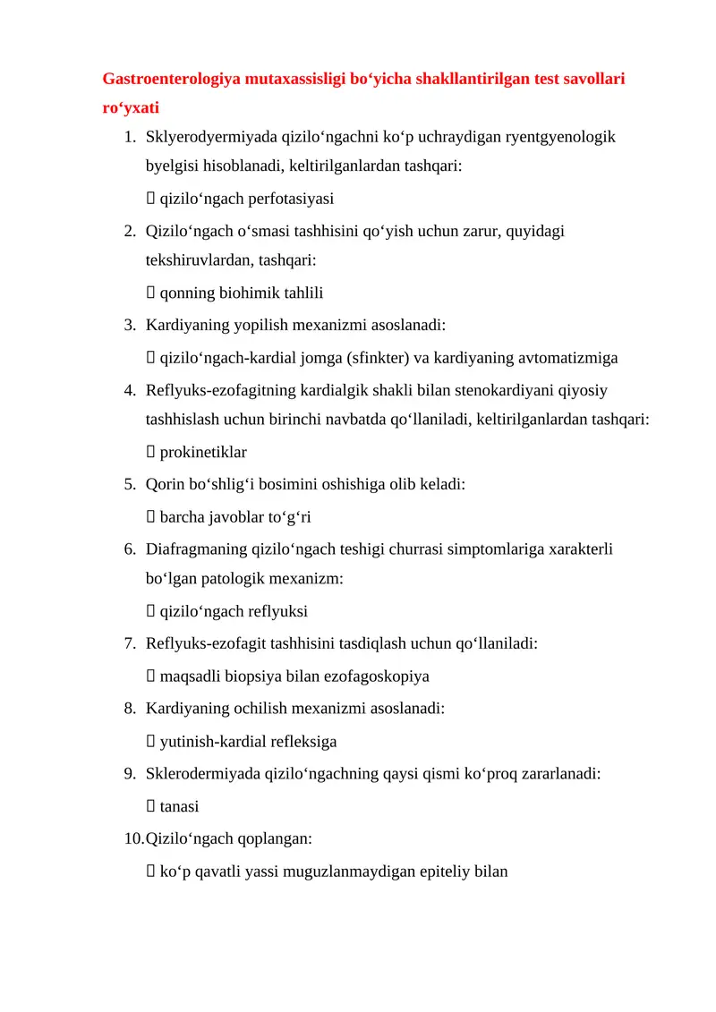 Gastroenterologiya mutaxassisligi boʻyicha shakllantirilgan test savollari roʻyxati