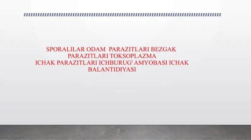 SPORALILAR ODAM PARAZITLARI BEZGAK PARAZITLARI TOKSOPLAZMA ICHAK PARAZITLARI ICHBURUG' AMYOBASI ICHAK BALANTIDIYASI