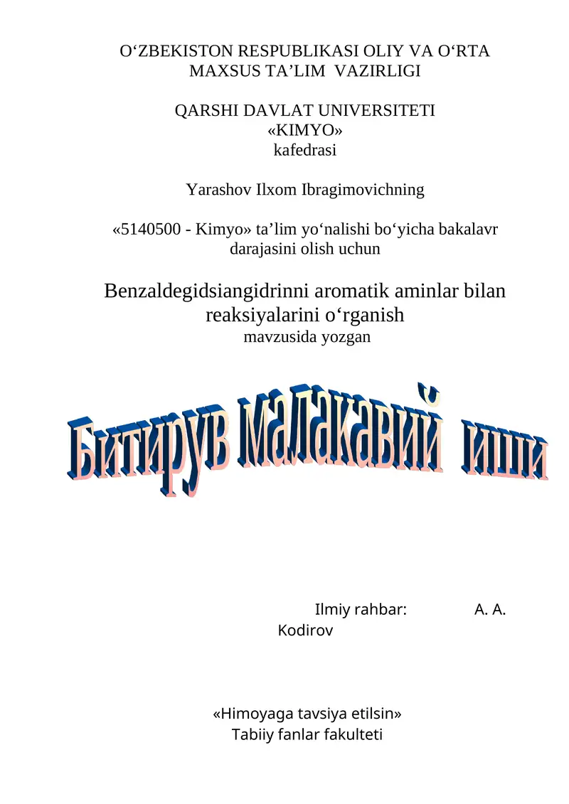Benzaldegidsiangidrinni aromatik aminlar bilan reaksiyalarini o‘rganish