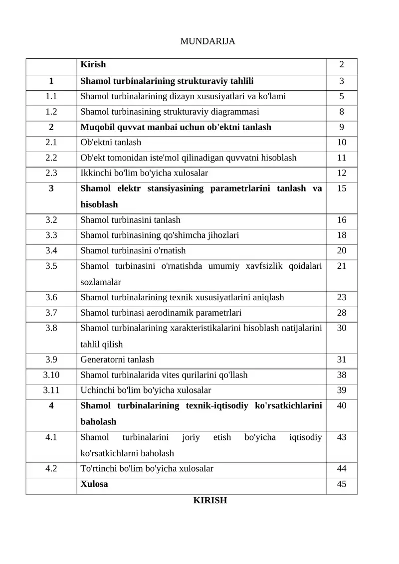 Shamol turbinalarining texnik xususiyatlari