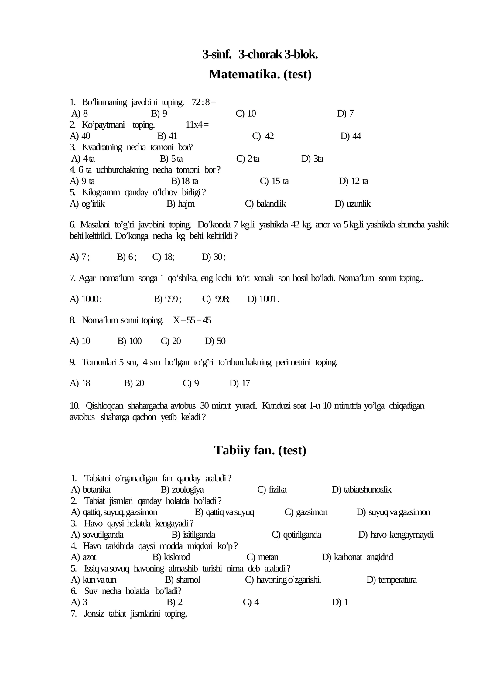 3-sinf Ona tili va oqish Matematika Xorijiy til Blok test