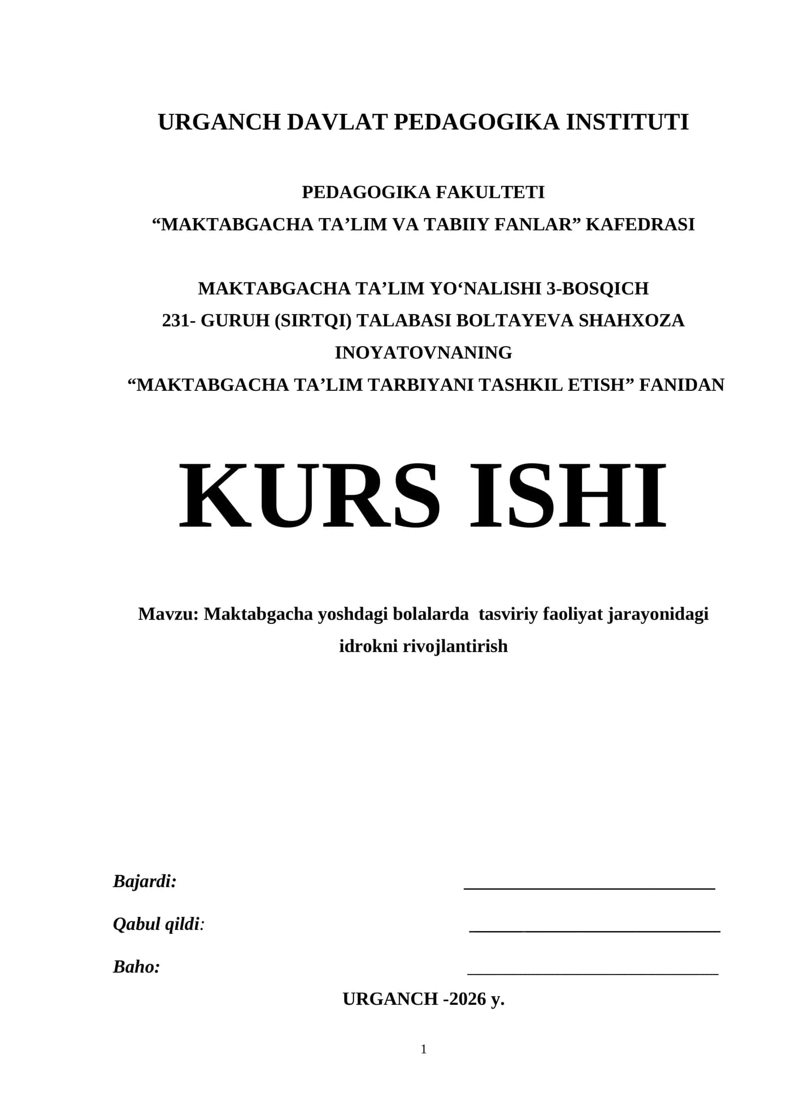 Maktabgacha yoshdagi bolalarda tasviriy faoliyat jarayonidagi idrokni rivojlantirish
