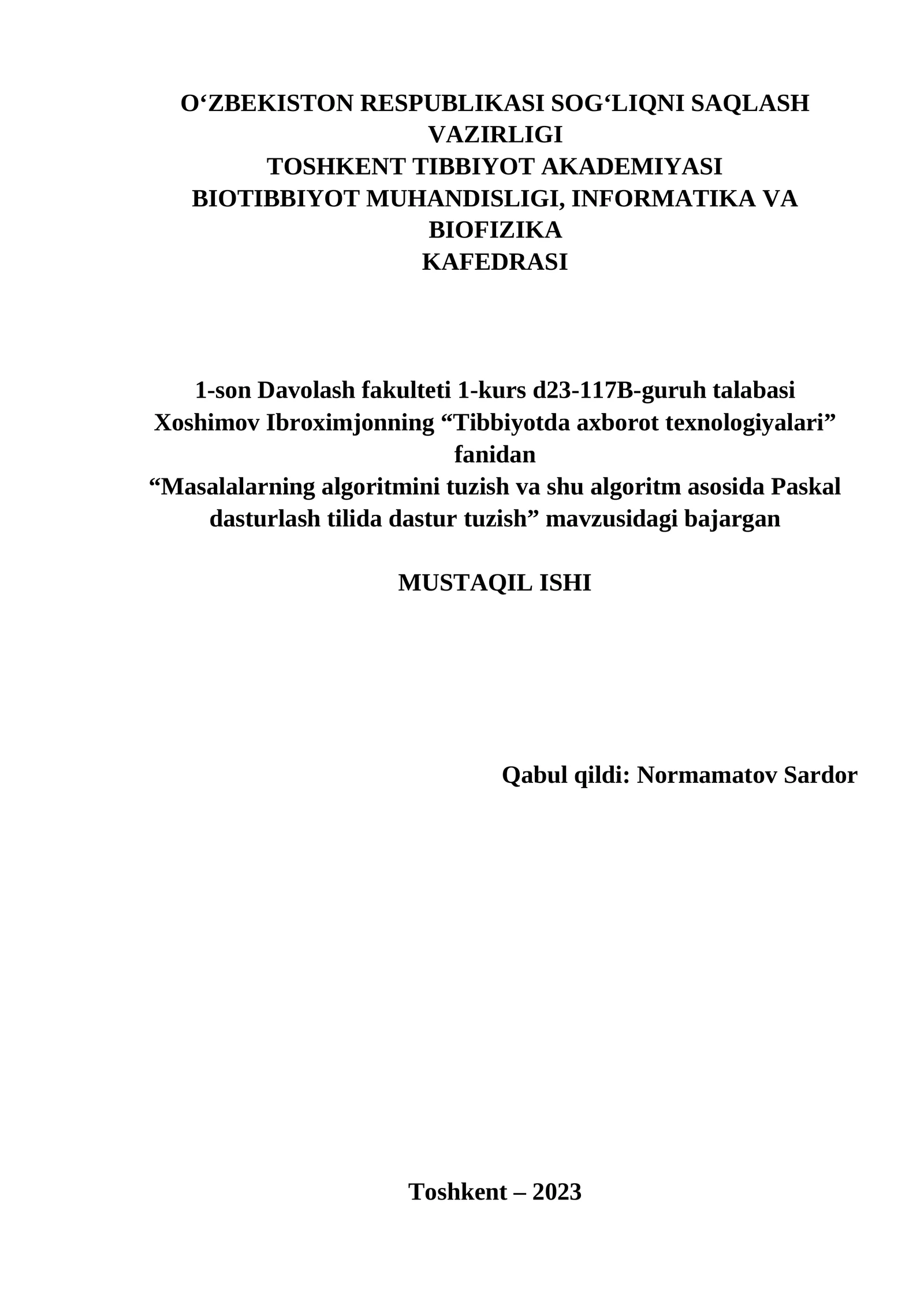 Masalalarning algoritmini tuzish va shu algoritm asosida Paskal dasturlash tilida dastur tuzish