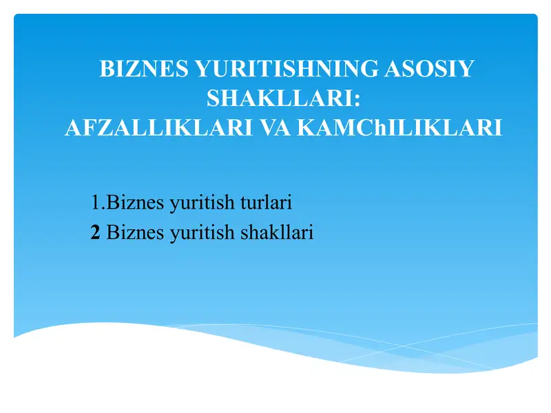 BIZNES YURITISHNING ASOSIY SHAKLLARI:AFZALLIKLARI VAKAMChILIKLARI