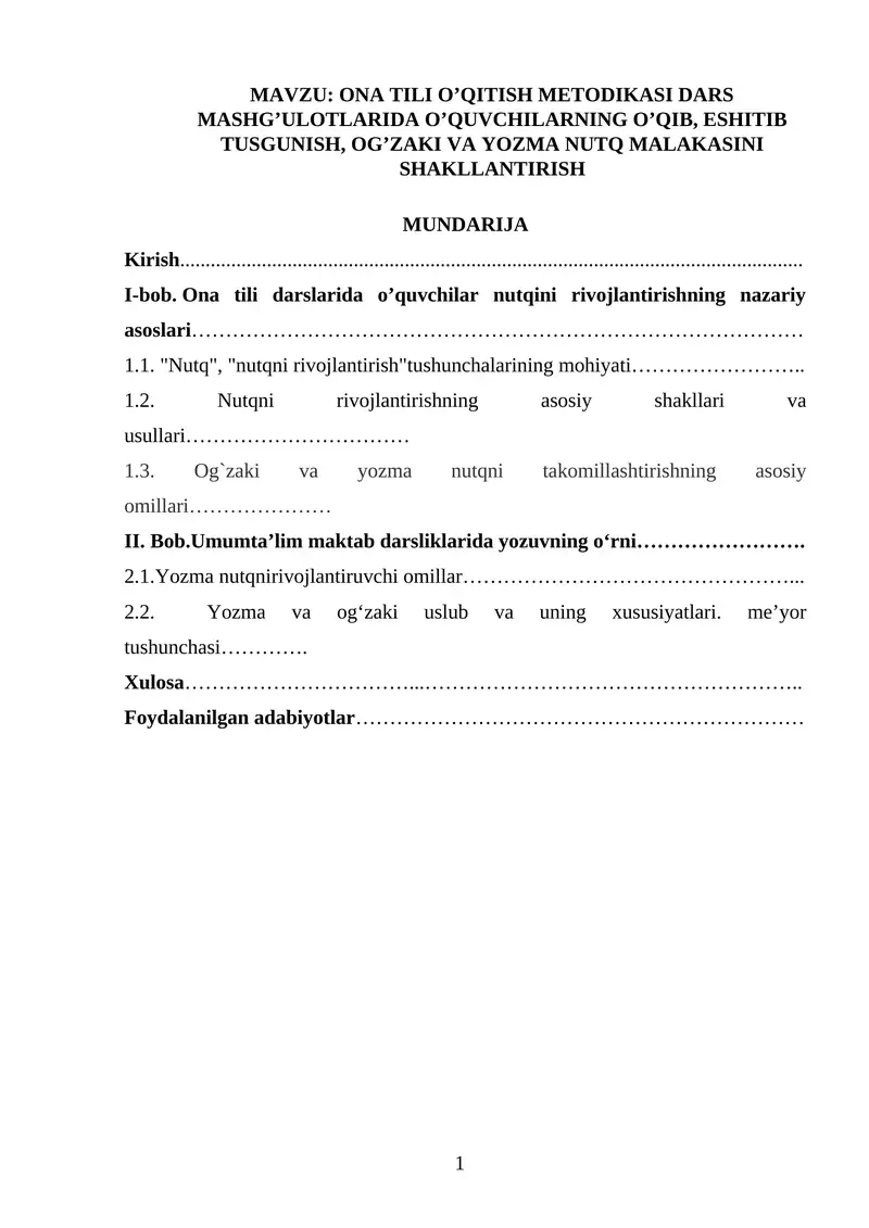ONA TILI O’QITISH METODIKASI DARS MASHG’ULOTLARIDA O’QUVCHILARNING O’QIB, ESHITIB TUSGUNISH, OG’ZAKI VA YOZMA NUTQ MALAKASINI SHAKLLANTIRISH