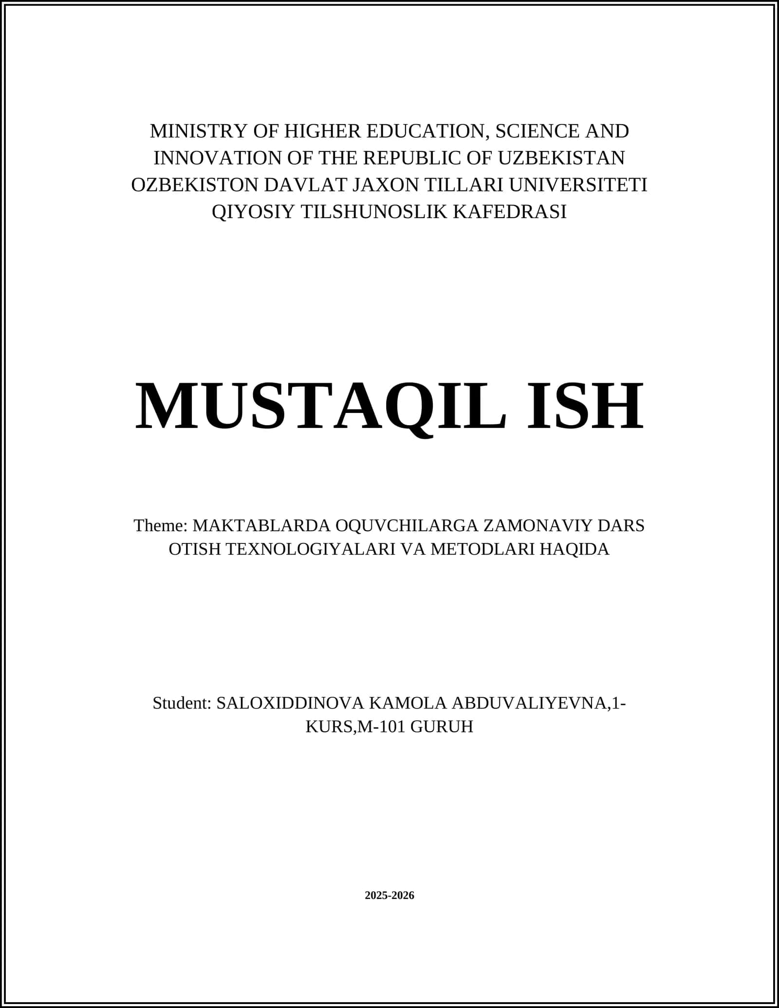 MAKTABLARDA OQUVCHILARGA ZAMONAVIY DARS OTISH TEXNOLOGIYALARI VA METODLARI