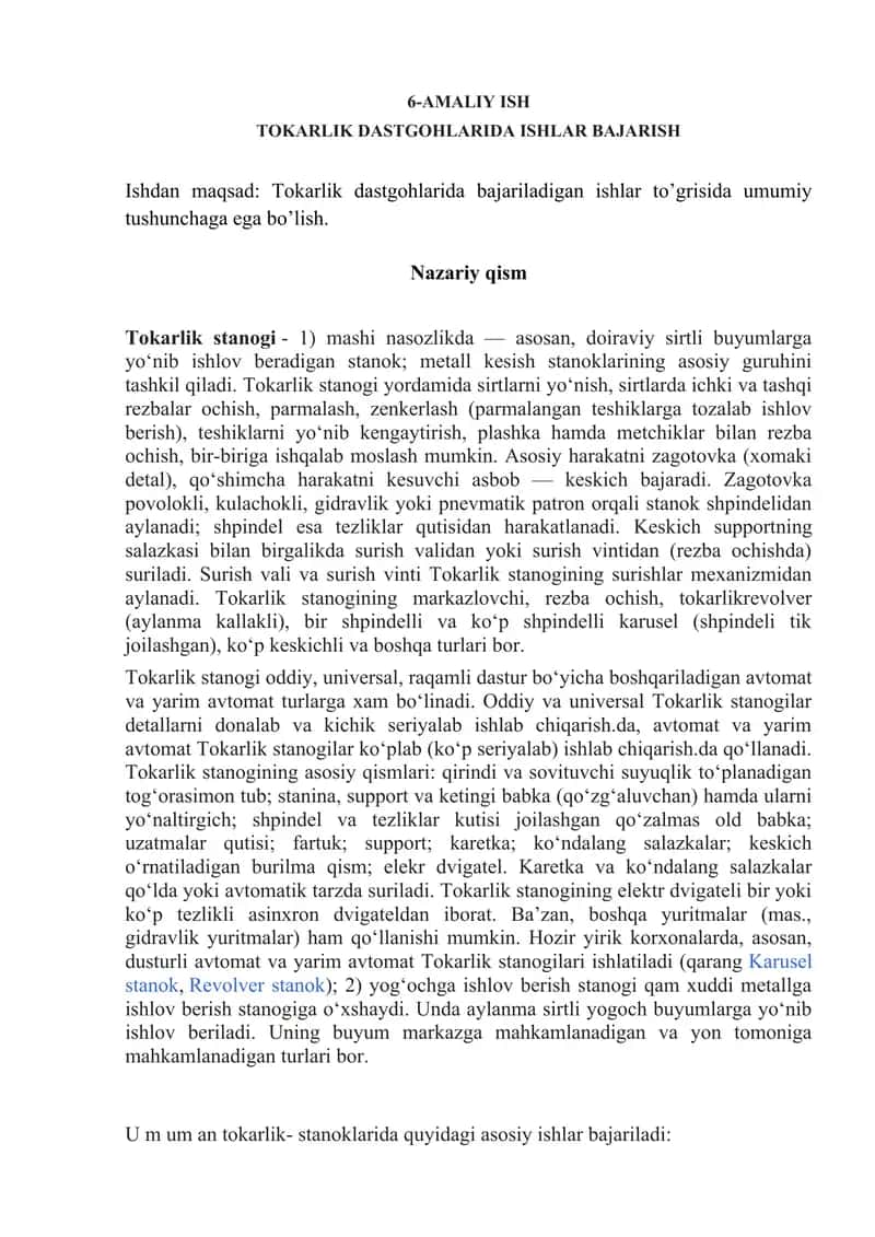 Tokarlik Dastgohlarda Ishlar Bajarish