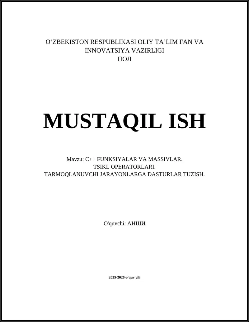 C++ FUNKSIYALAR VA MASSIVLAR