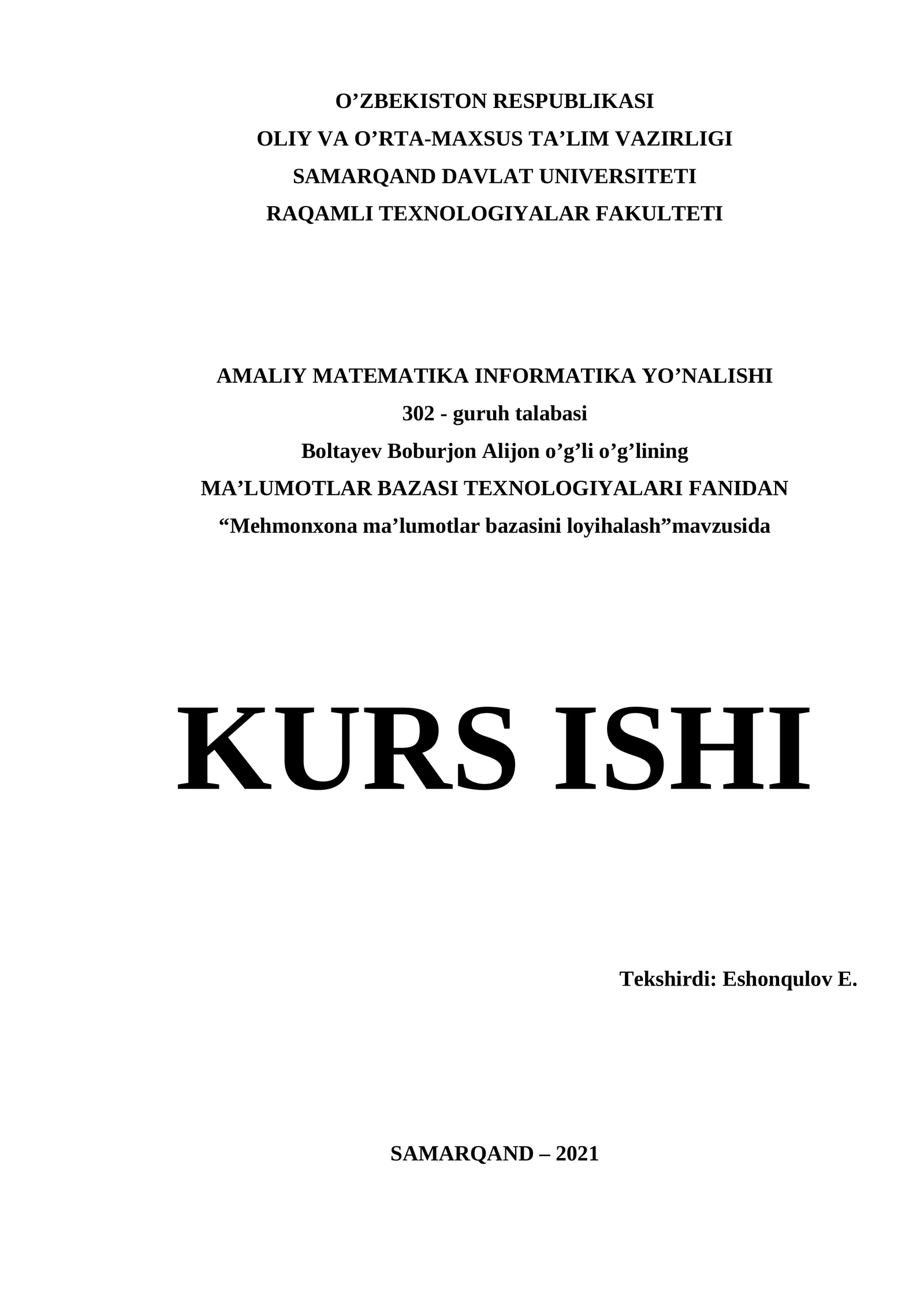 Mehmonxona ma’lumotlar bazasini loyihalash