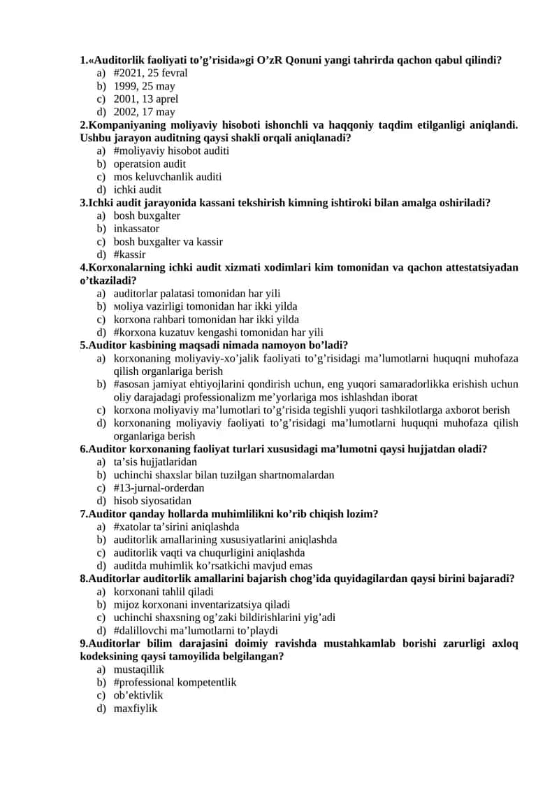 Audit fanidan yakuniy test savollari javoblari bilan