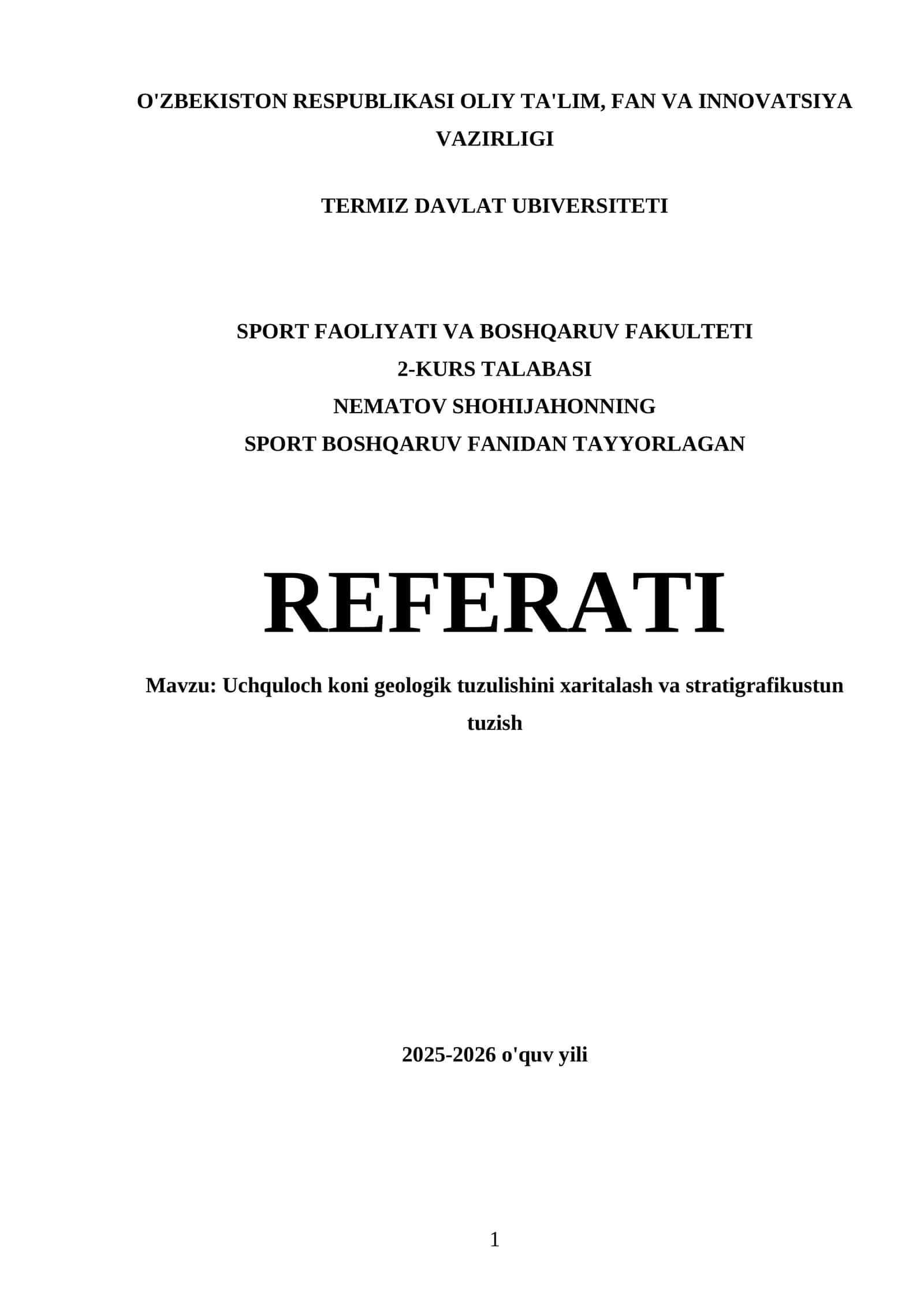 Uchquloch koni geologik tuzulishini xaritalash va stratigrafikustun tuzish