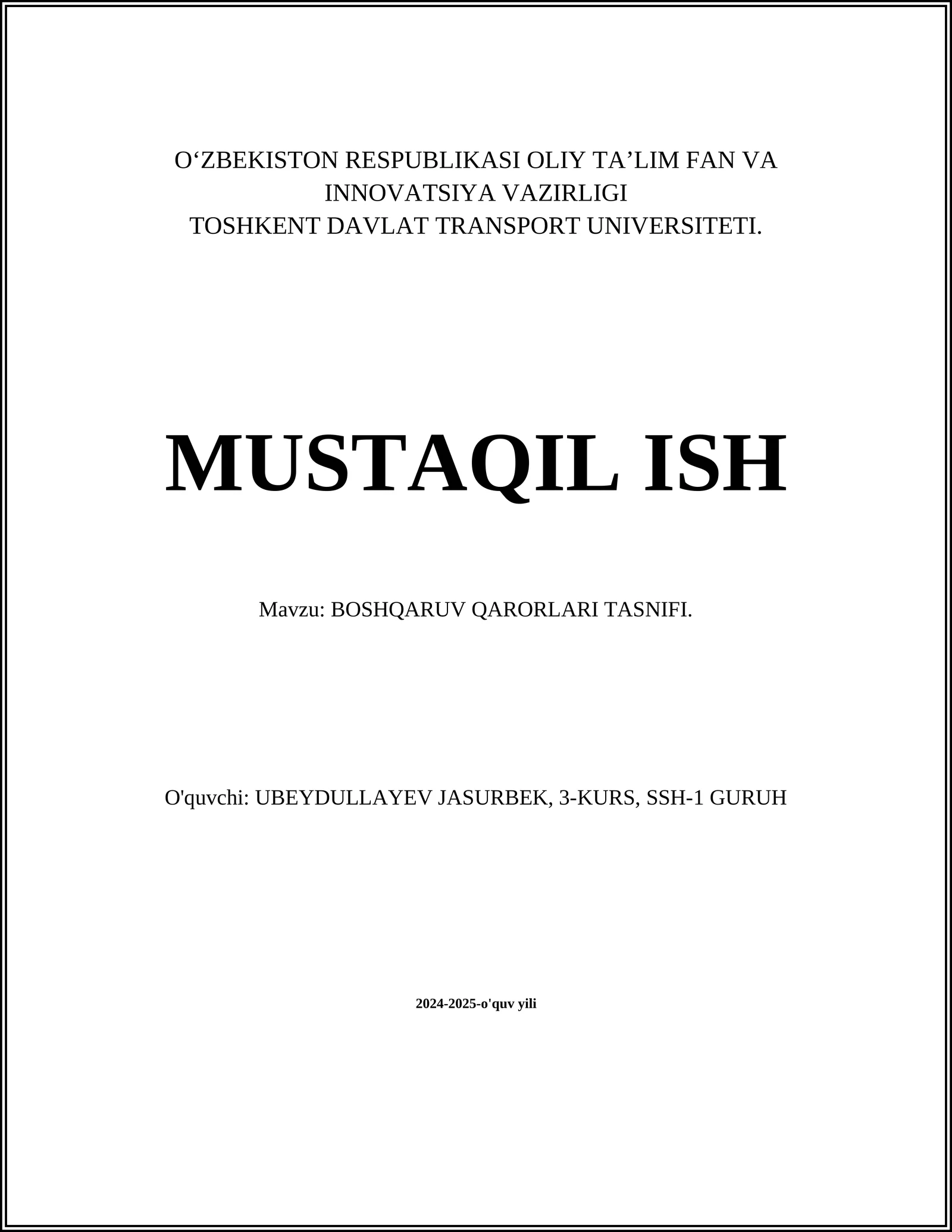 BOSHQARUV QARORLARI TASNIFI