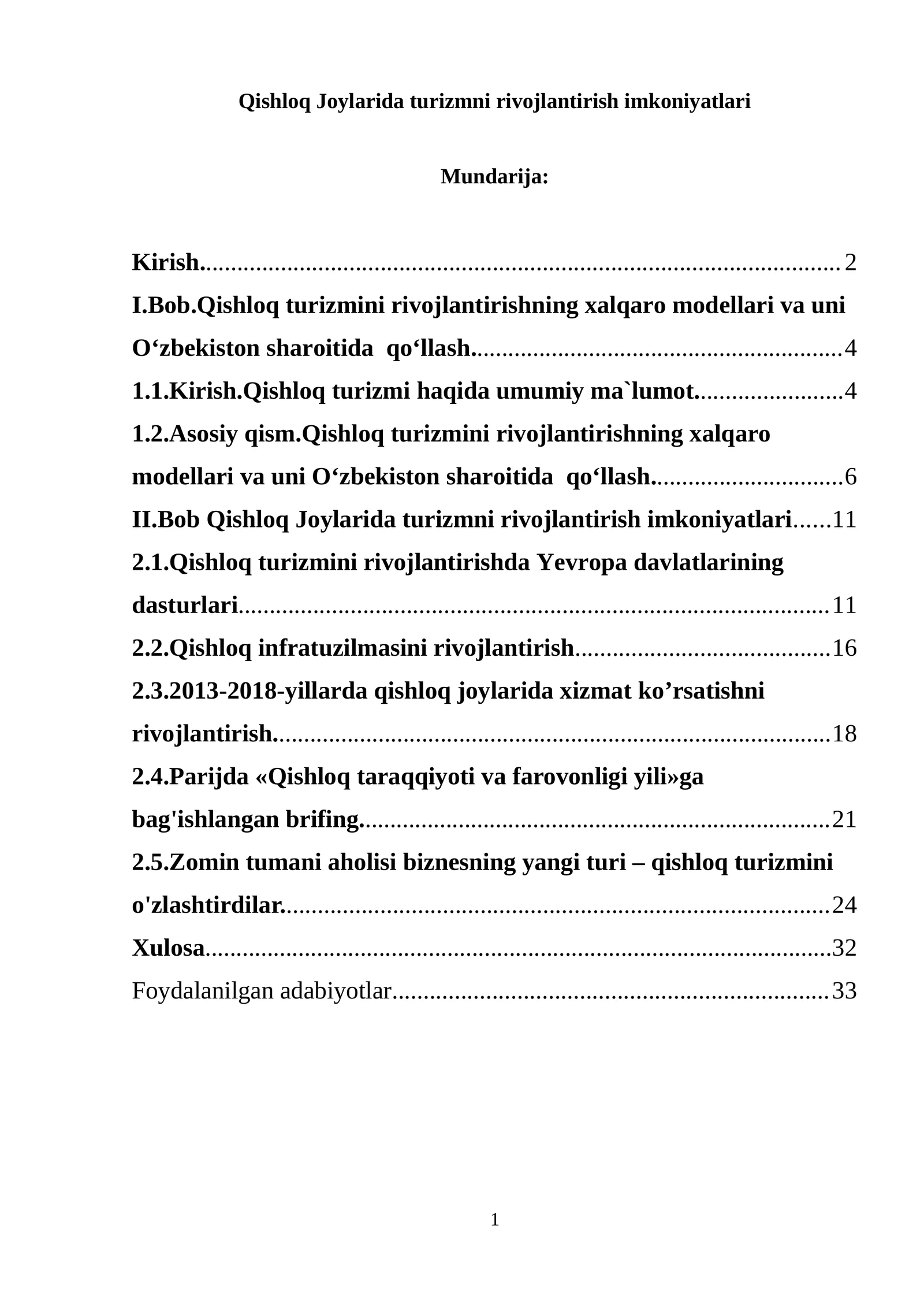 Qishloq Joylarida turizmni rivojlantirish imkoniyatlari