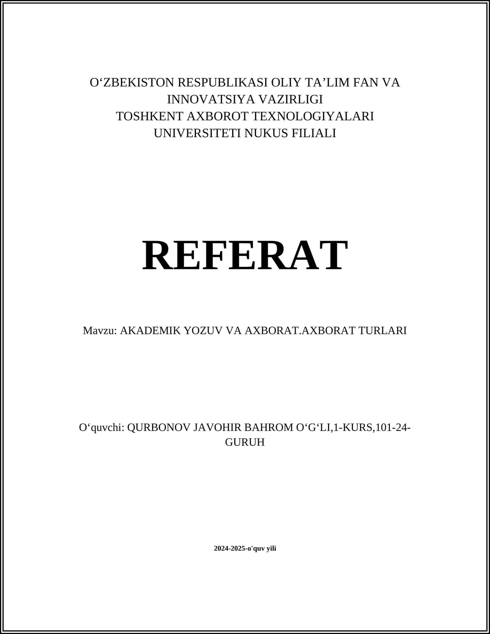 AKADEMIK YOZUV VA AXBORAT.AXBORAT TURLARI
