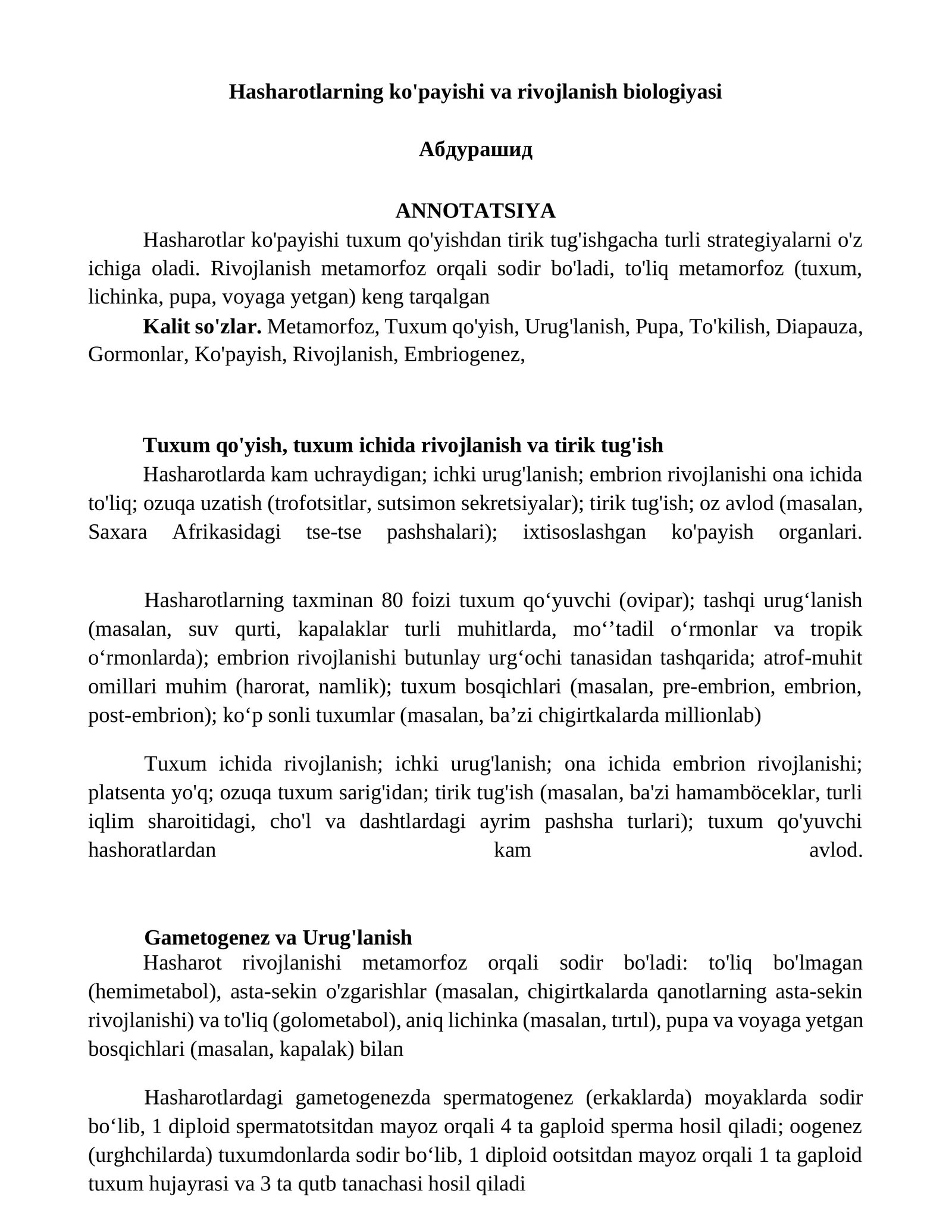 Hasharotlarning ko'payishi va rivojlanish biologiyasi