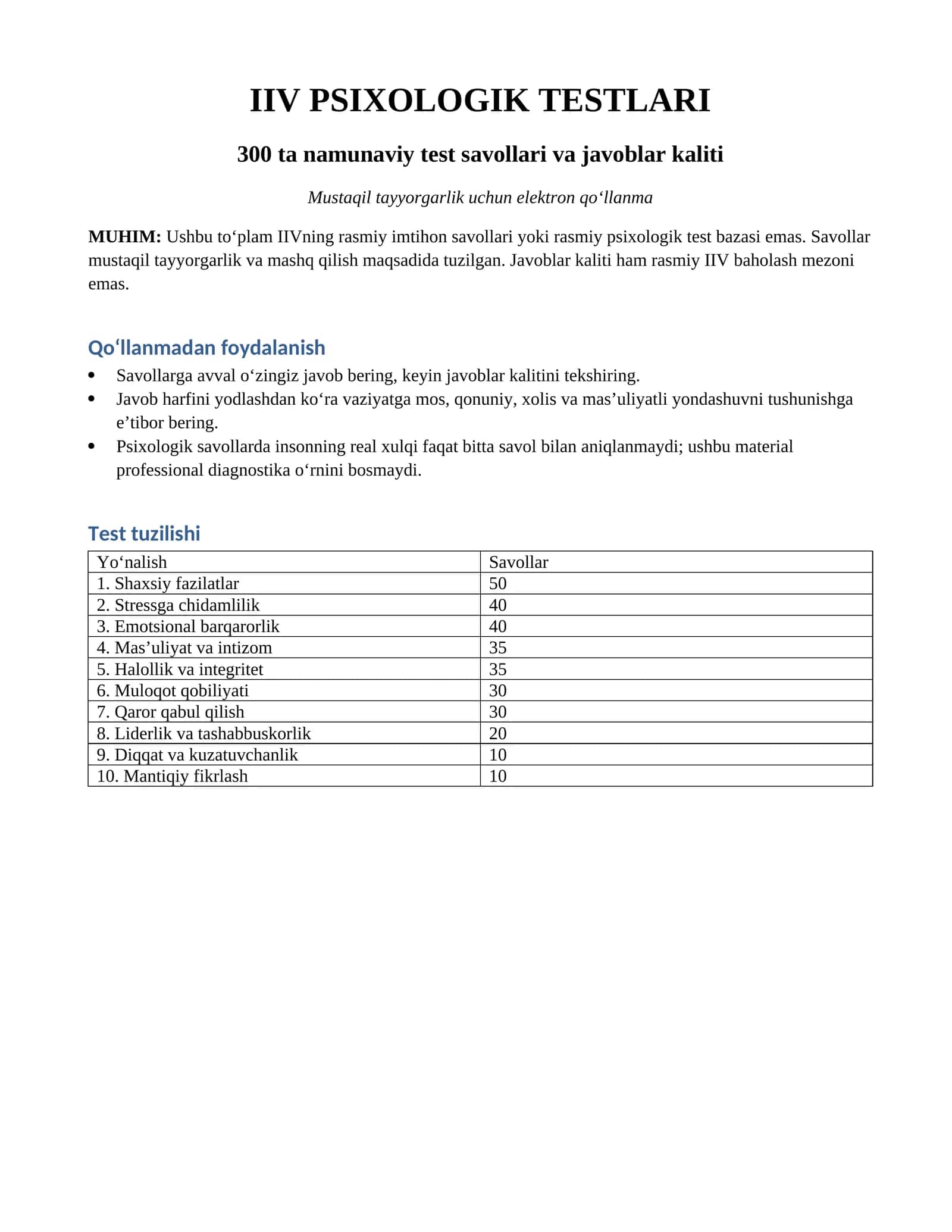 IIV psixologik testlari — 300 ta namunaviy test va javoblar