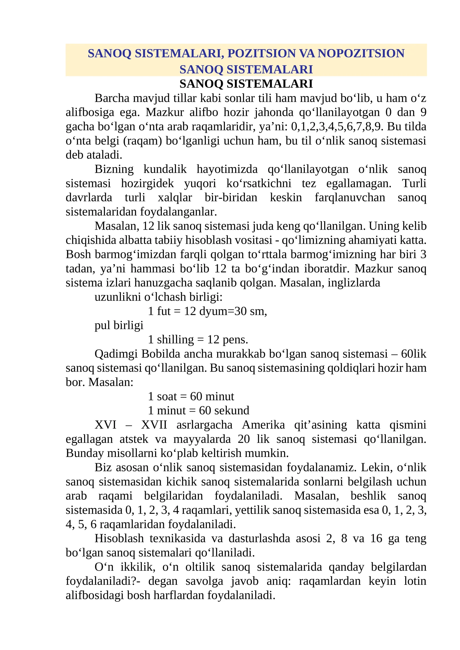 SANOQ SISTEMALARI, POZITSION VA NOPOZITSION SANOQ SISTEMALARI