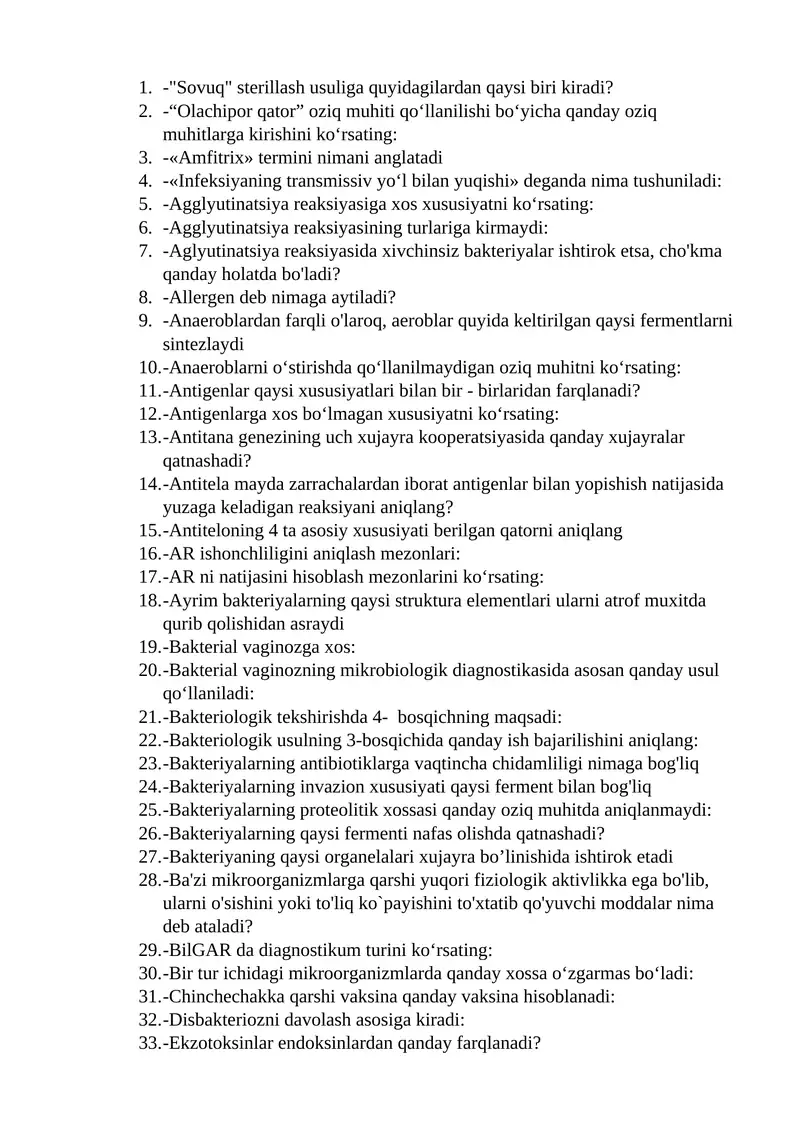 Mikrobiologiya va immunologiya fanidan test savollari