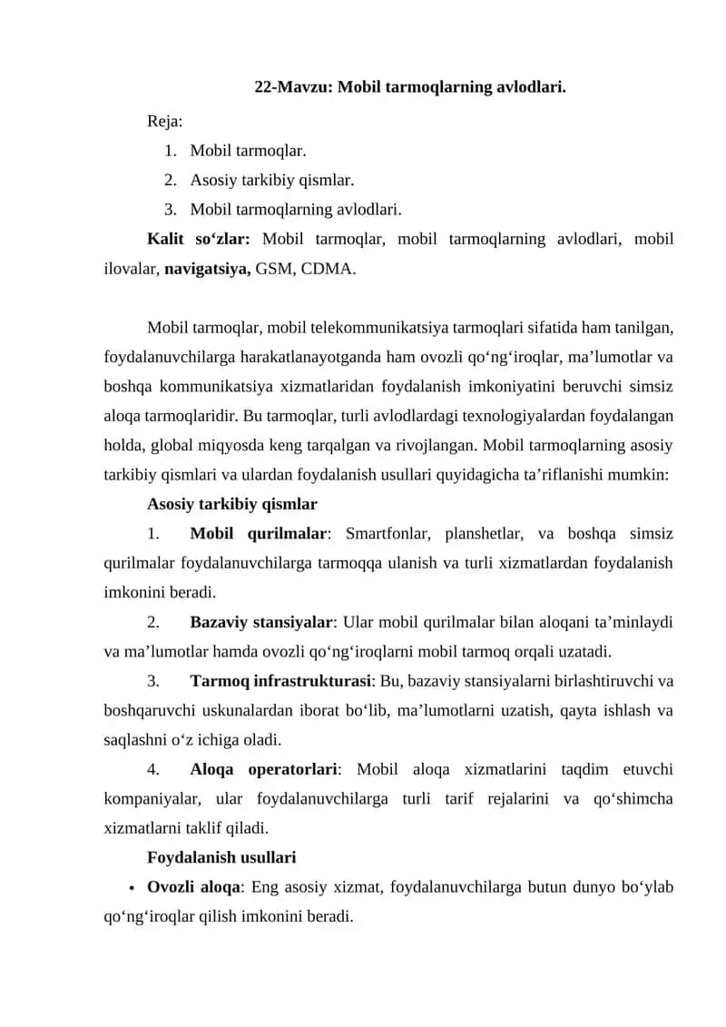 Mobil tarmoqlarning avlodlari