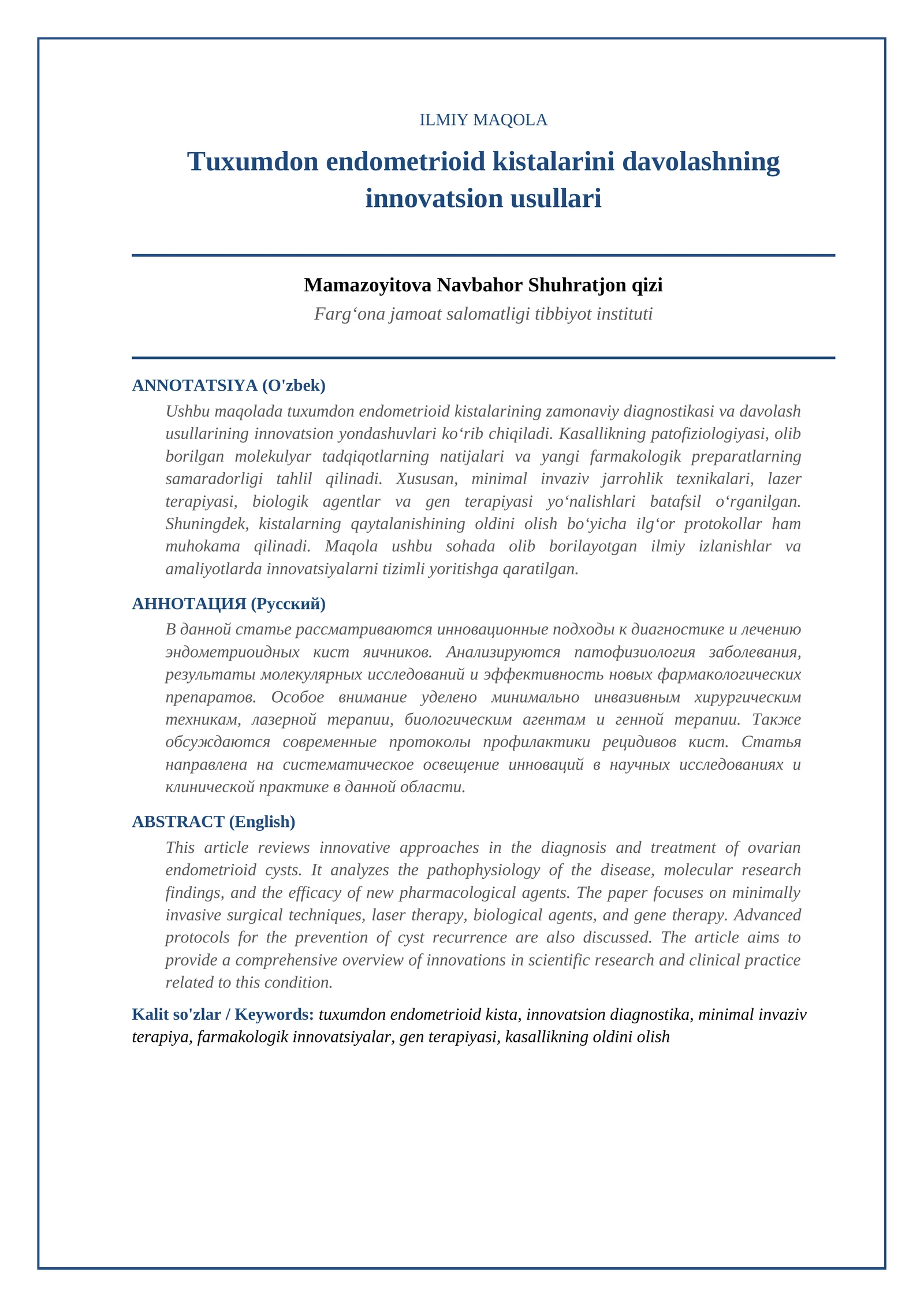 Tuxumdon endometrioid kistalarini davolashning innovatsion usullari