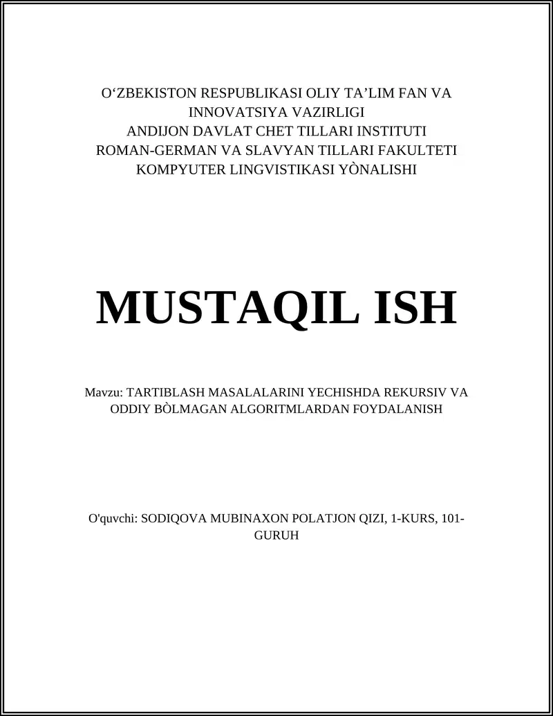 Rekursiv bo‘linish-asoslangan Merge Sort va uning optimallashtirishlari