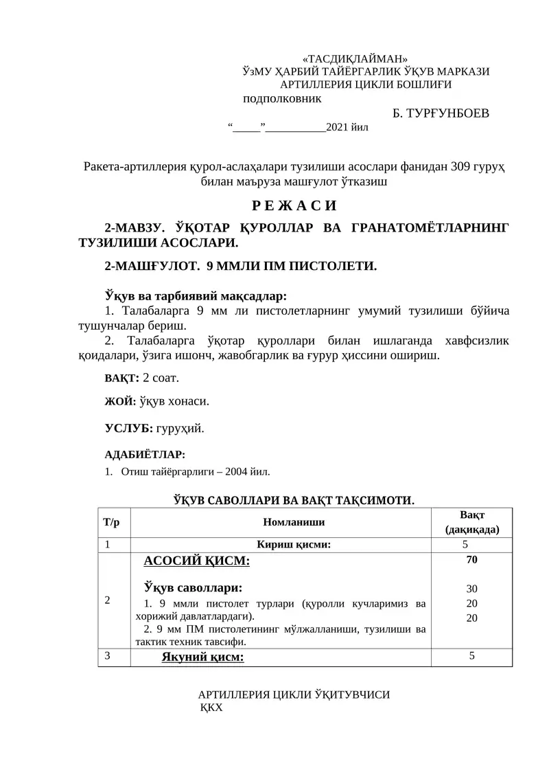 ЎҚОТАР ҚУРОЛЛАР ВА ГРАНАТОМЁТЛАРНИНГ ТУЗИЛИШИ АСОСЛАРИ. 2-МАШҒУЛОТ. 9 ММЛИ ПМ ПИСТОЛЕТИ