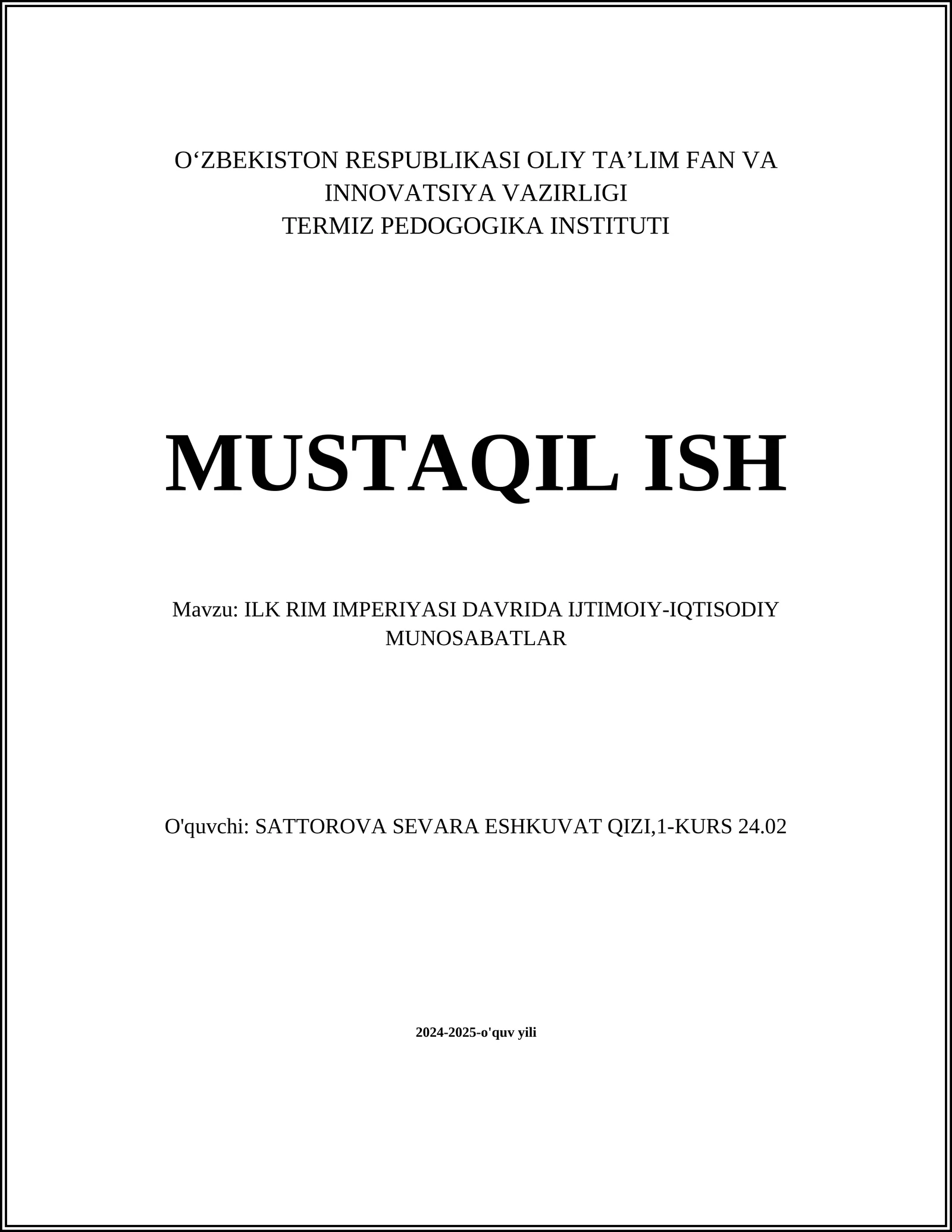 ILK RIM IMPERIYASI DAVRIDA IJTIMOIY-IQTISODIY MUNOSABATLAR
