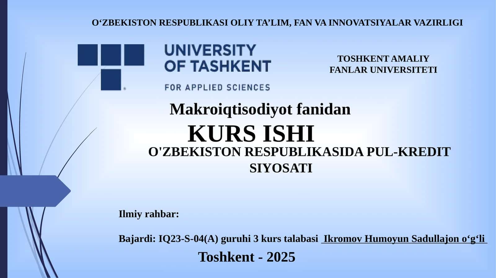 O'ZBEKISTON RESPUBLIKASIDA PUL-KREDIT SIYOSATI