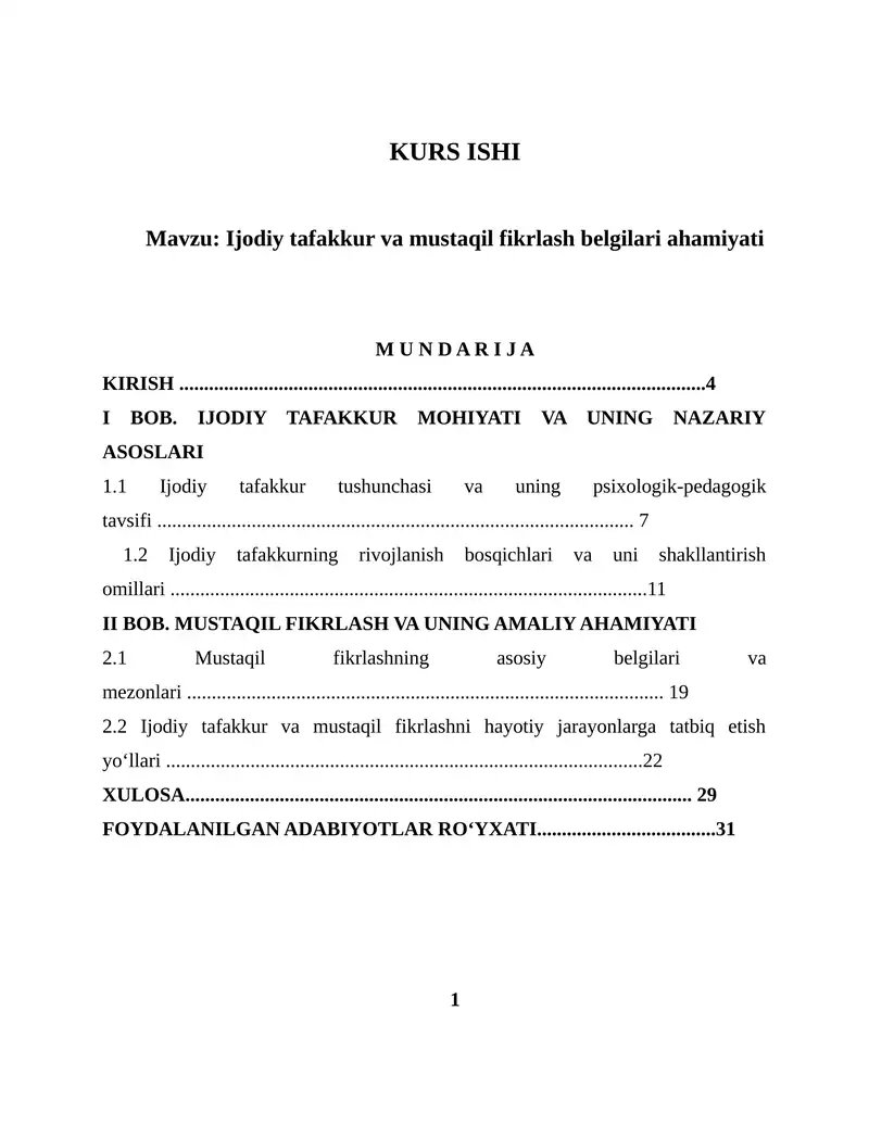 Ijodiy tafakkur va mustaqil fikrlash belgilari ahamiyati